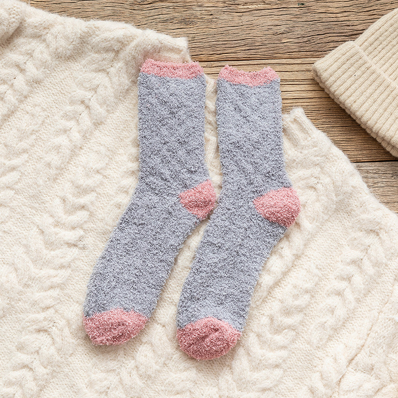 Autumn Winter Sleep Socks In Crew Socks Solid Color Coral Fleece Plush Half Cashmere Socks Floor Fluffy Fuzzy Socks